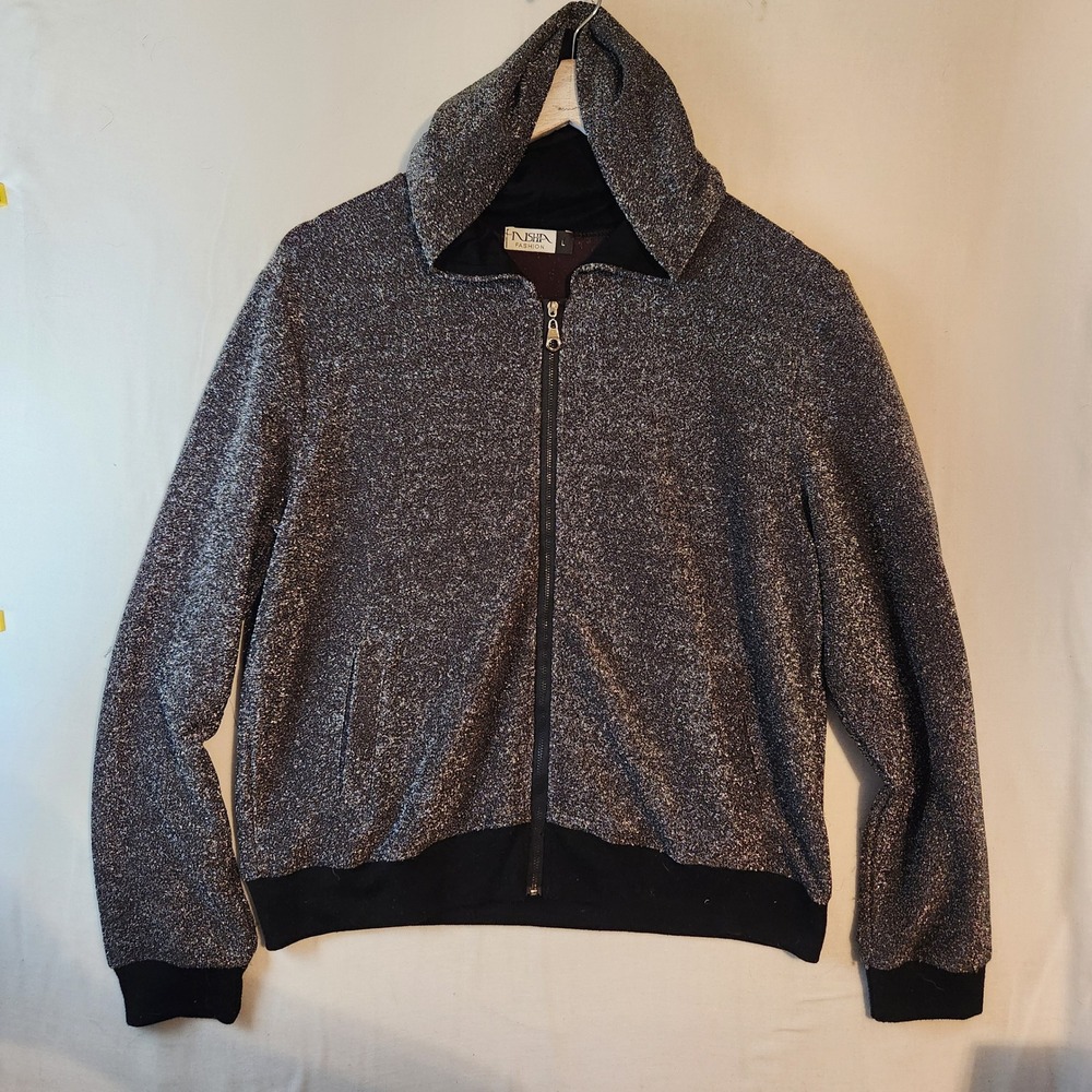 Nisha Fashion Silver Metallic Shimmer Zip Up Hoodie Jacket Womens Large Black